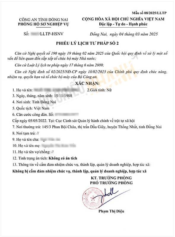 Mẫu phiếu lý lịch tư pháp